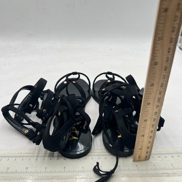 YDN Black Rivet Knee High Lace up Flats Fringe Low Heel Gladiator Strap Sandals - Picture 5 of 8